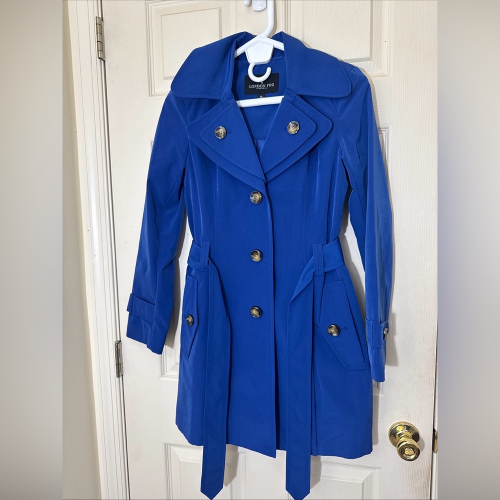 London Fog Women's Trench Coat Size XS Royal Blue Removable Hood Excellent Condi
